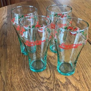 SET OF FOUR VINTAGE LOOK GREENISH & RED COCA COLA GLASSES
